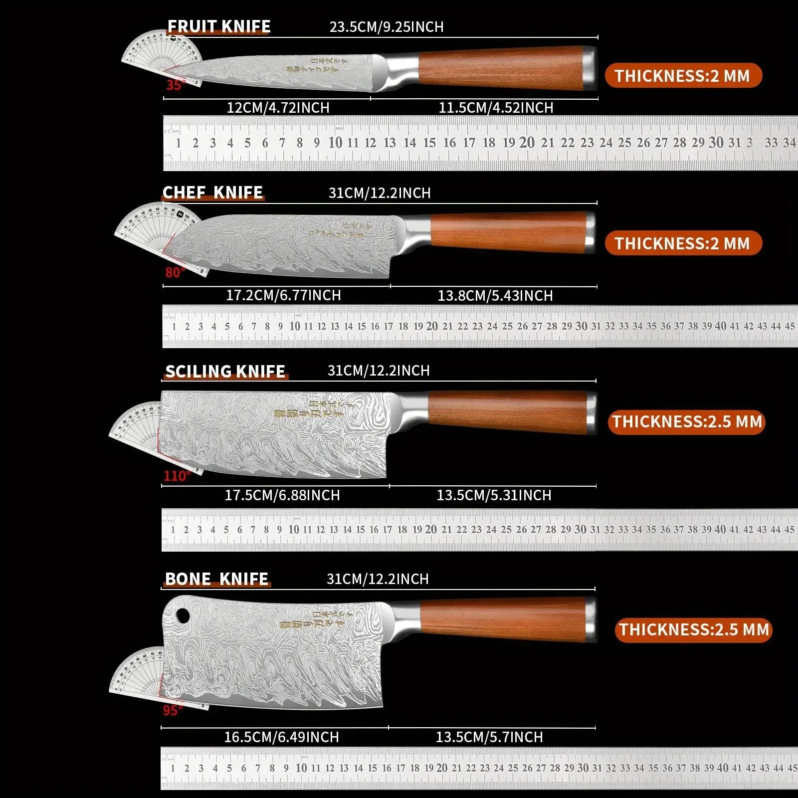 1/2/3/4 Pcs Japanese Style Full Steel Kitchen Knife Set - Sharp Chef Knife Fruit Knife Bone Cutter Practical Tool Set