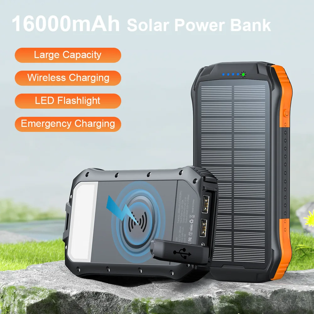 

Портативный беспроводной солнечный Power Bank 16000 мАч с быстрой зарядкой Type-C и фонариком для кемпинга для iPhone 16, Xiaomi, Samsung, Huawei