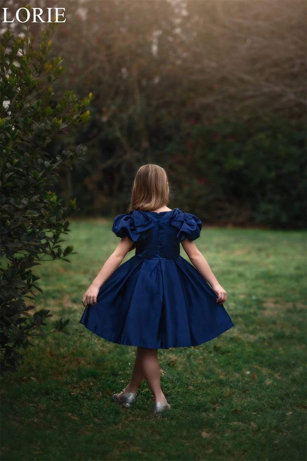 LORIE Cute Navy Blue Flower Girl Dresses Puff Sleeves O-Neck Pleated A-Line Wedding Party Dress 2024 Birthday Dress Customized