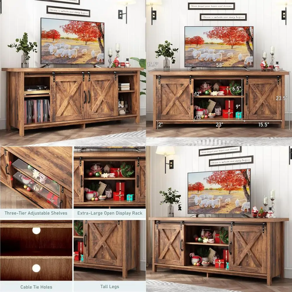 Rustic Wooden Entertainment Center with Sliding Barn Door for 55-65 Inch TVs - Adjustable Shelves Media Cabinet