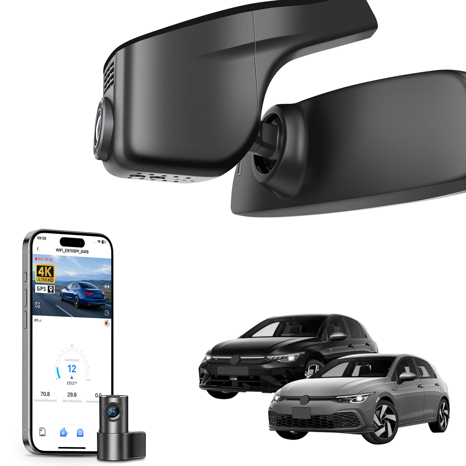 Câmera Veicular 4K Dedicada para VW Golf & Golf GTI R MK7/7.5/8, Gravador de Vídeo para Carro 2015-2025 com GPS, WiFi e APP, Plug and Play