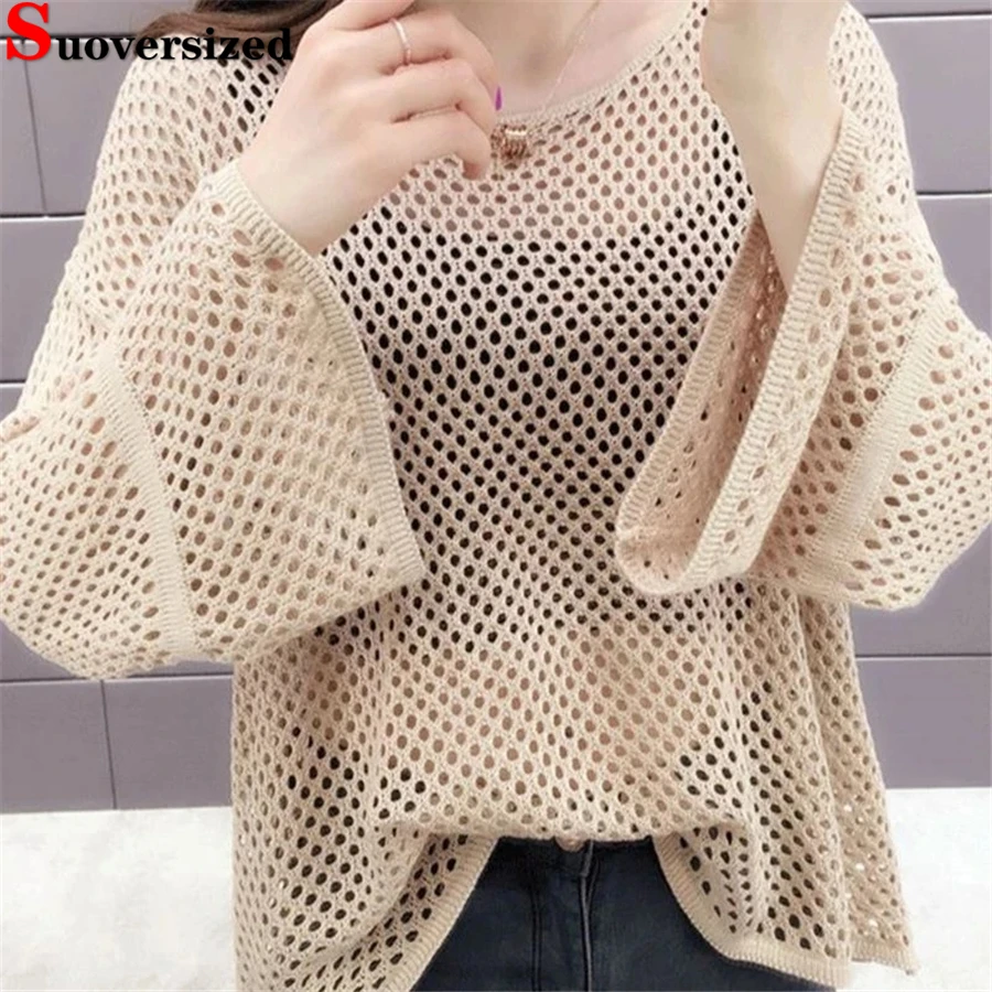 Mesh Loose New Knit Sunscreen Tee Women Korean Fashion T-shirt Hollowed Out Summer Sweater Casual Pullover Long Sleeve Tops