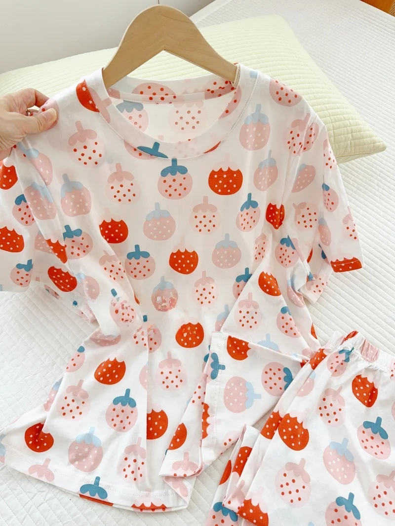 

Sweet Stberry Knitted Cotton Spwear Summer Thin ort Sve Seven-Part Pants Women's Nightgown Home Clothes Set