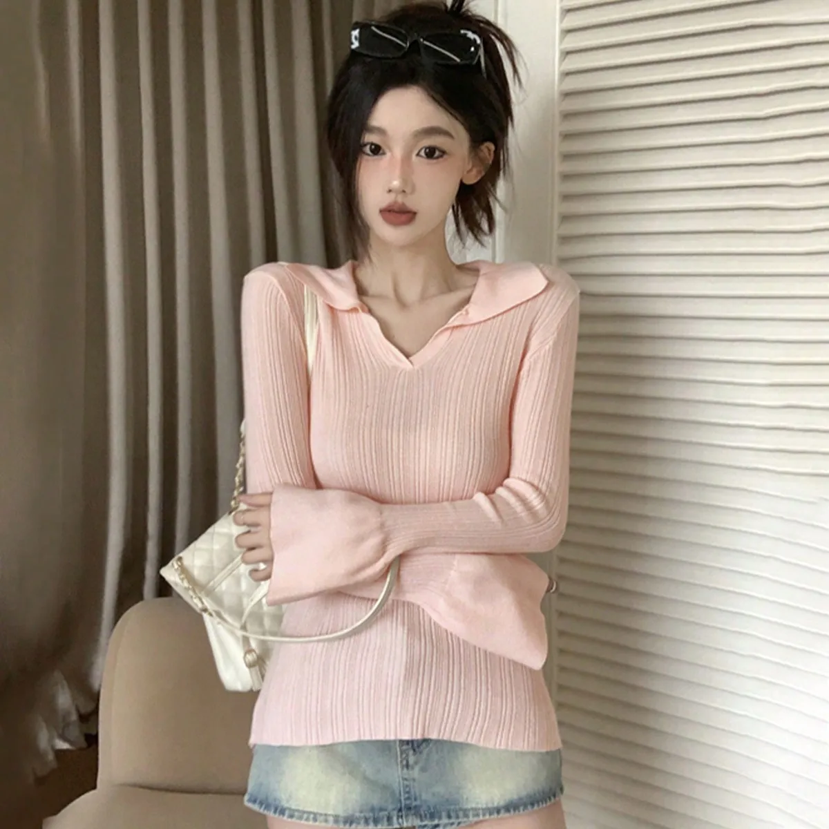 Pink Textured Bottoming Shirt, Long-Sleeved T-Shirt for Women, New Autum, High-Bottom, Niche, Unique and Chic Top