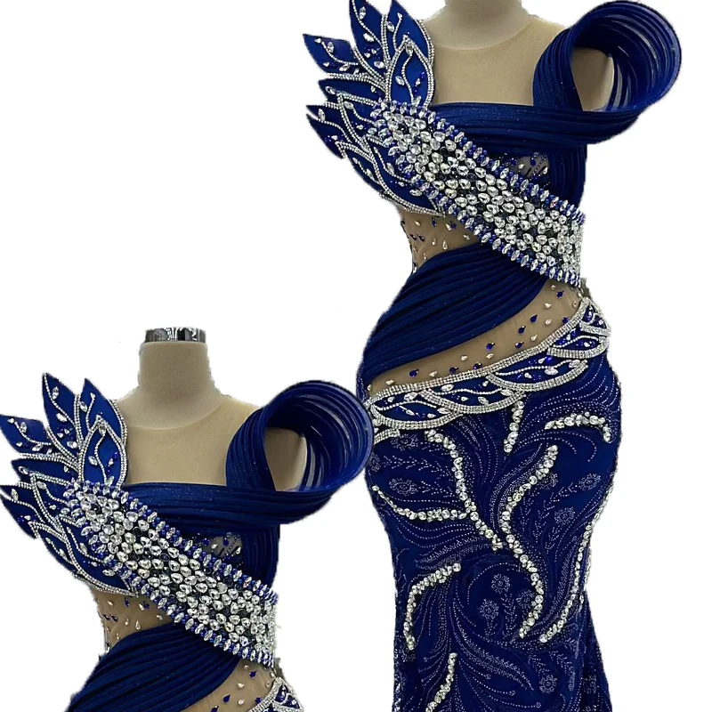 Blue Navy Luxury Beaded Dress Mermaid Crystal Pearl Decal Evening Dress Customized Evening Robe