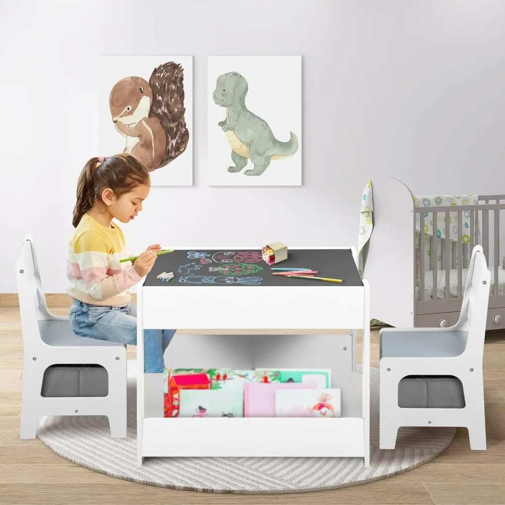 

Kids Wood Table & 2 Chairs Set, 4 in 1 Children Activity Table w/Double Bookcase, Blackboard, Toddler Furniture Set for Art,