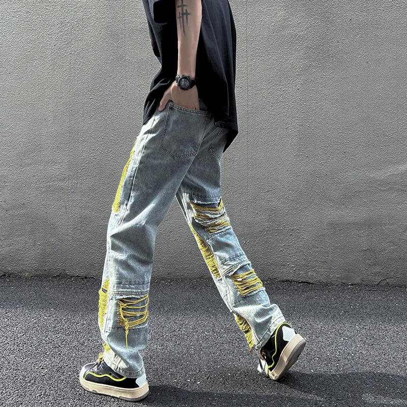 High Streetwear Mens Jeans Pants Ripped Loose Fashion Denim Hip Hop Harajuku Trousers