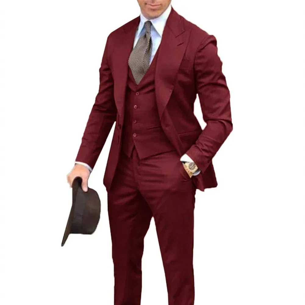 

High Quality Wine red Men Suits Slim Fit Men Clothing Elegant Wedding 3 Piece Jacket Vest Pants Sets for Business Party