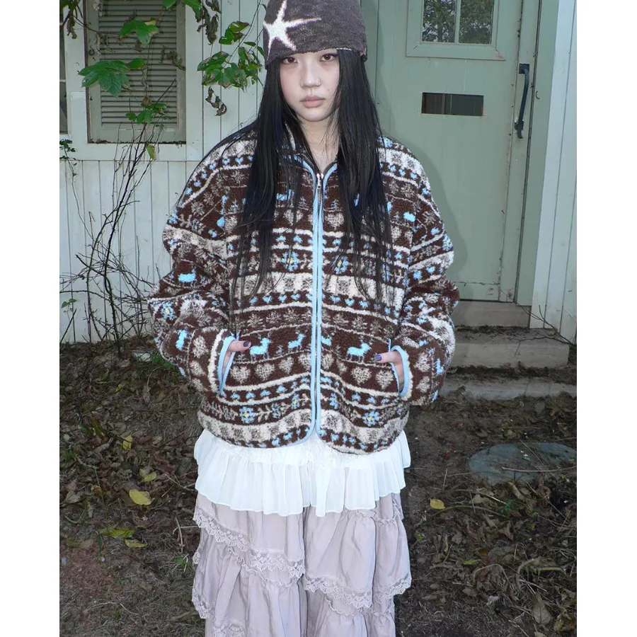 Ladies' Chic Winter Outerwear Loose Fit Collar Faux eepskin Woolen Long Sve Cotton Jaet Retro Fair Isle Pattern