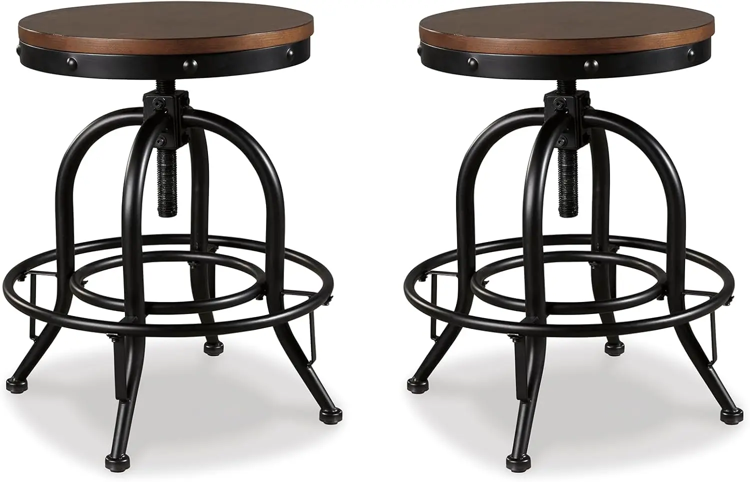 Industrial Adjustable Height Swivel Bar Stool Set of 2, Brown Finish with Foot Rest for Kitchen or Bar