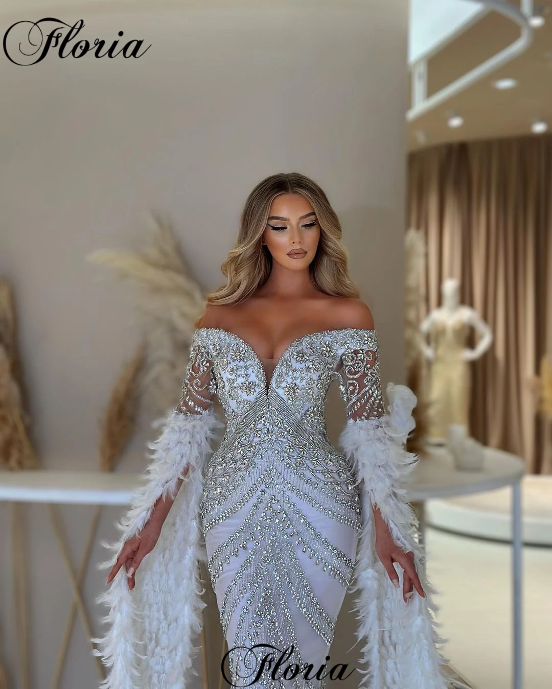 Luxury Heavy Handmade Crystals Cocktail Dresses Mermaid Off Shoulder Evening Dresses With Feathers Sleeves Vestidos De Cóctel