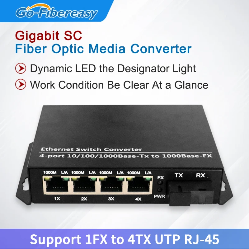 Fiber Optic Converter 10/100/1000Base-Tx/Fx Fiber Optical Switch SC to 4-Port RJ45 Connector Ethernet Gigabit Media Converter