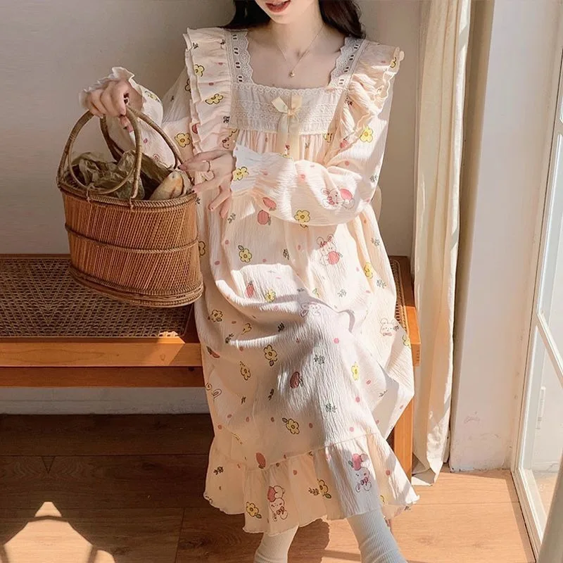 2024 New Pajamas Long-Sleeved Nightdress Spring Autumn Women Sweet Cute Loose Homewear Suit Female Casual Thin Nightclothes