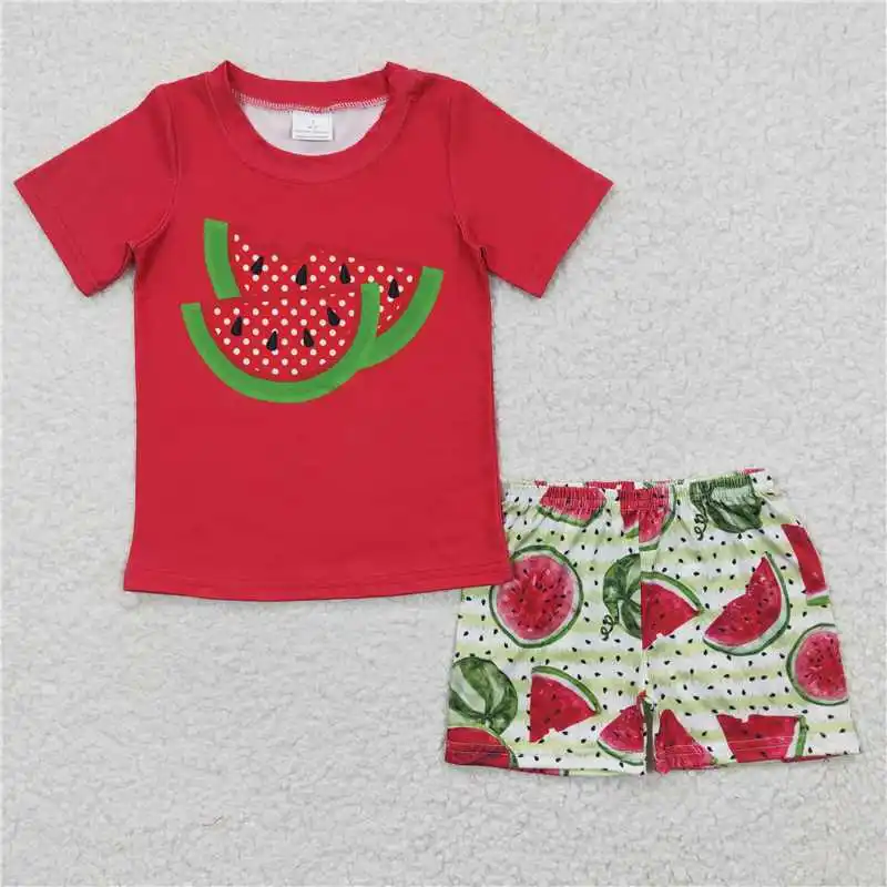 

Wholesale Boys Summer Short-Sleeved Shorts Suit Multi-Element Strap Pattern Watermelon Color Same Color Series