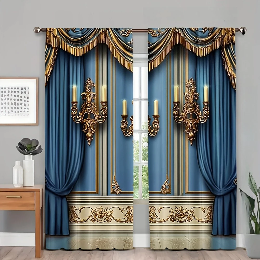 2 Stück 2D flach bedruckte europäische Schloss & Palast Vintage gold-blaue Blumenvorhänge – elegante Heimdekoration für Wohnzimmer und Schlafzimmer