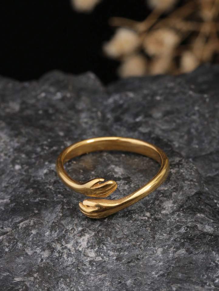  1 Piece of European and American Style Double-Hand-Hugging Open Ring, Curved 18K Gold Stainless Steel Adjustable Size Ring, Fashionable and Versatile, Trendy and Unique, Suitable for Men and Women for Daily Wear 