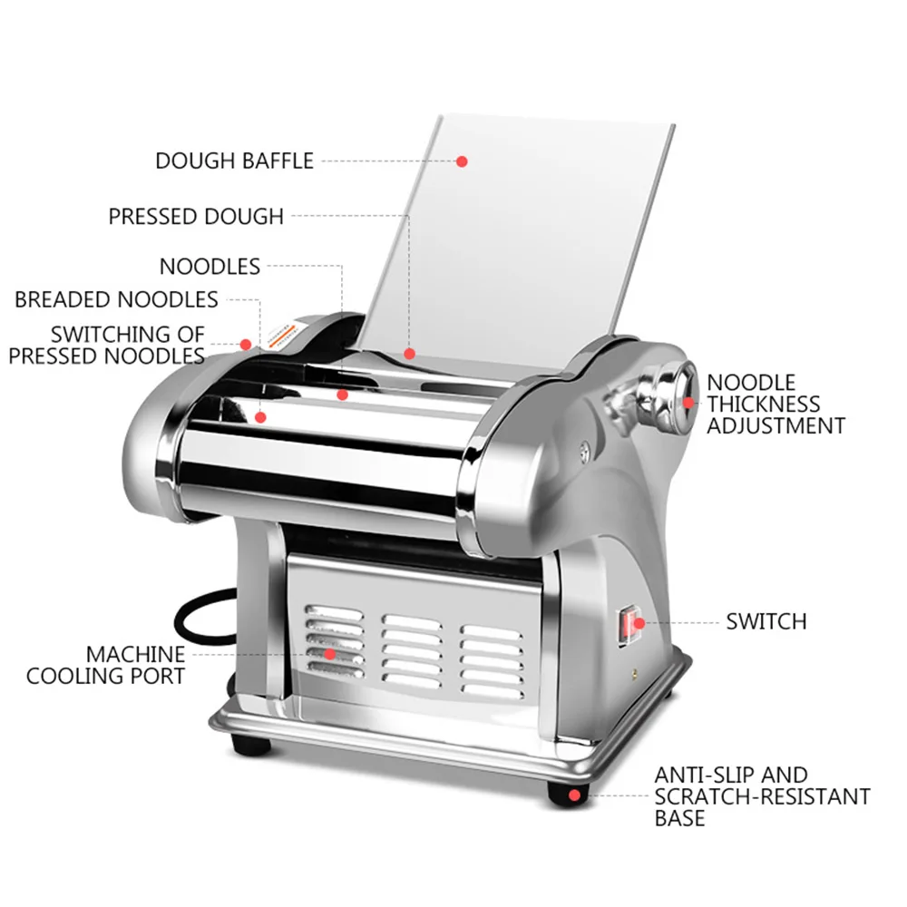 Máquina elétrica de fazer macarrão, 110/220v, aço inoxidável, 6 configurações de espessura, 5 modos de macarrão para embalagem de bolinho, restaurante de cozinha