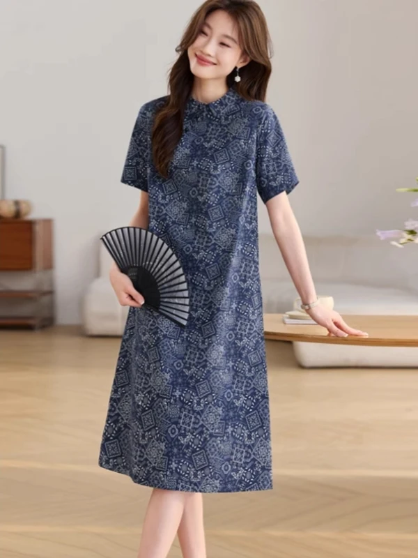 

New 2025 Cotton A-Line Midi Dress Korean Style Commute High Waist Short Sleeve round Neck Summer New Chinese Style Dress