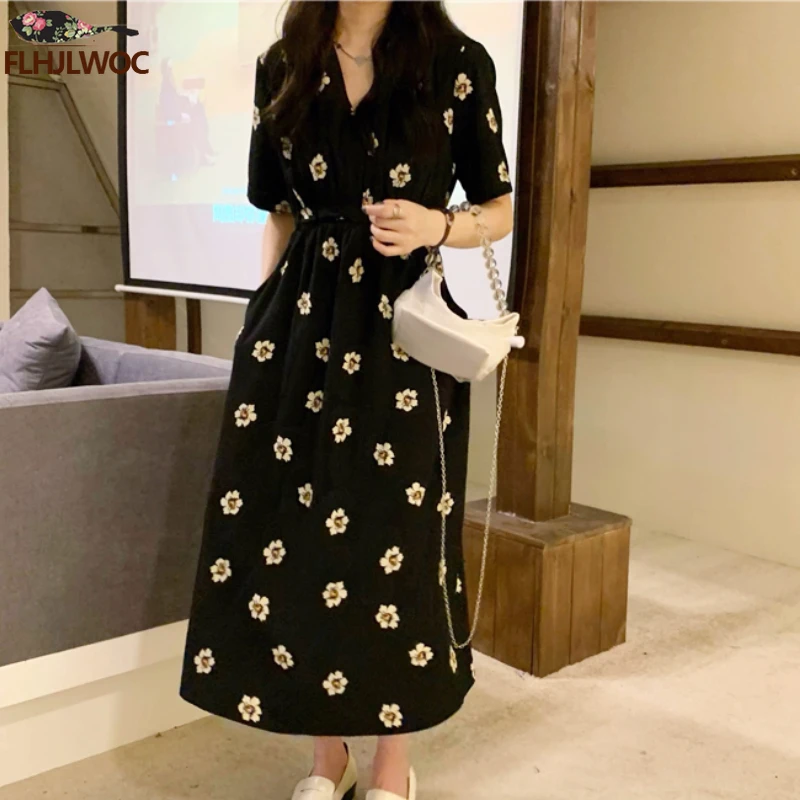 Chic Korean Clothes Design Summer Women Draped Short Sleeve V Neck Japan Girls Cute Floral Printed Retro Vintage Date Long Dress