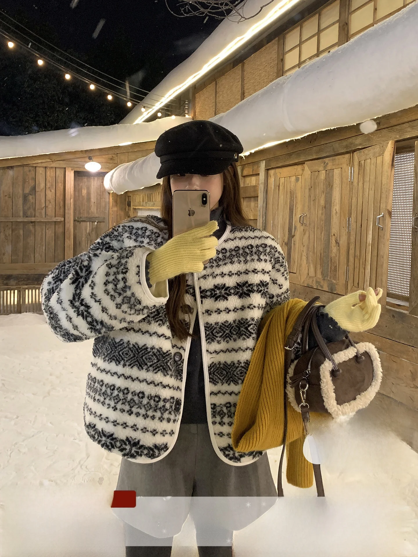 

Women's Heavyweight Fair Isle Lamb Fur Jaet Warm Loose Fit Retro Sle Cotton Blend Outerwear Korean Sle Long Sve Coat