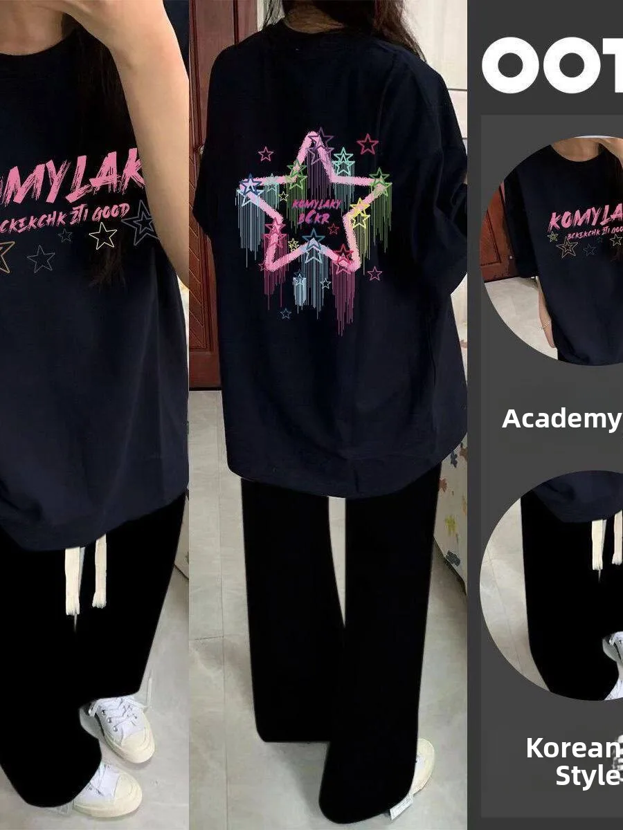 

plus Size 300 Pounds American Style Student Set for plus Size Girls Summer Short Sleeve T-Shirt Wide Leg Pants Two Piece Set