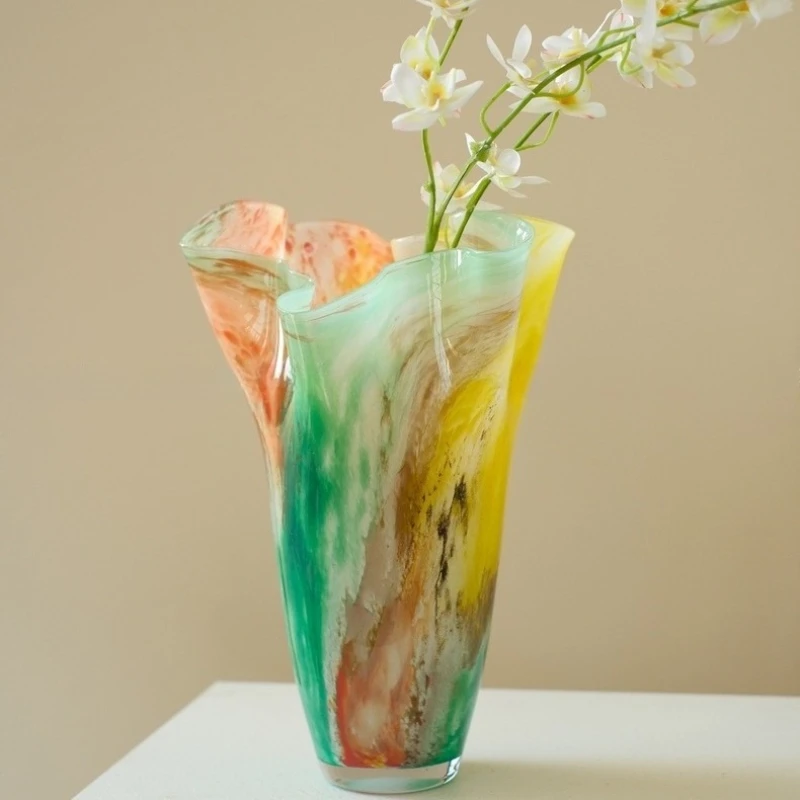 Glass Vase Colorful Textured Pleated Large-diameter Flowerpot Flower Arrangement Accessories Hydroponics Terrarium Home Decor
