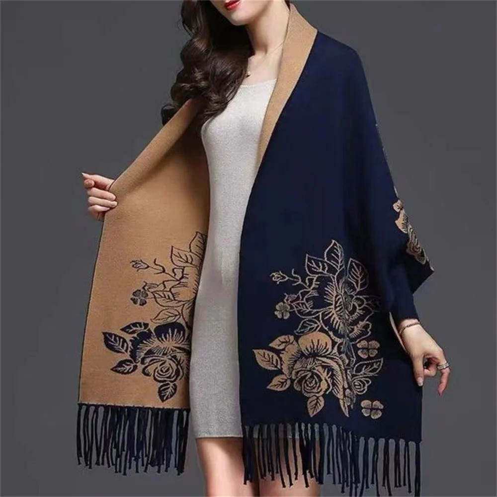 

Women Long Batwing Sleeves Cape Outstreet Wear Winter Knitted Printed Floral Warm Poncho Vintage Tassel Knitwear Shawl Overcoat