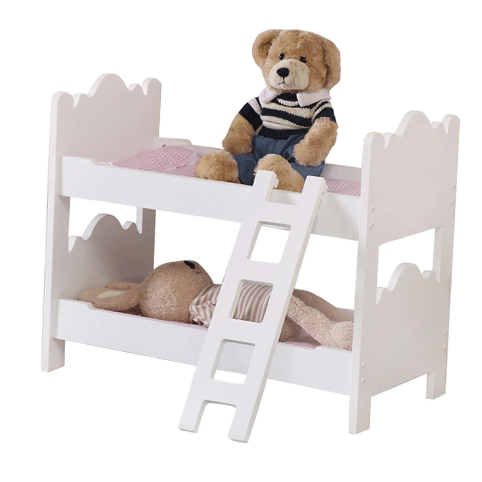 

НОВАЯ Деревянная двухъярусная кровать для кукол с лестницей, простая сборка, розовое постельное белье для кукол 18 дюймов, кроватка для кукол с лестницей