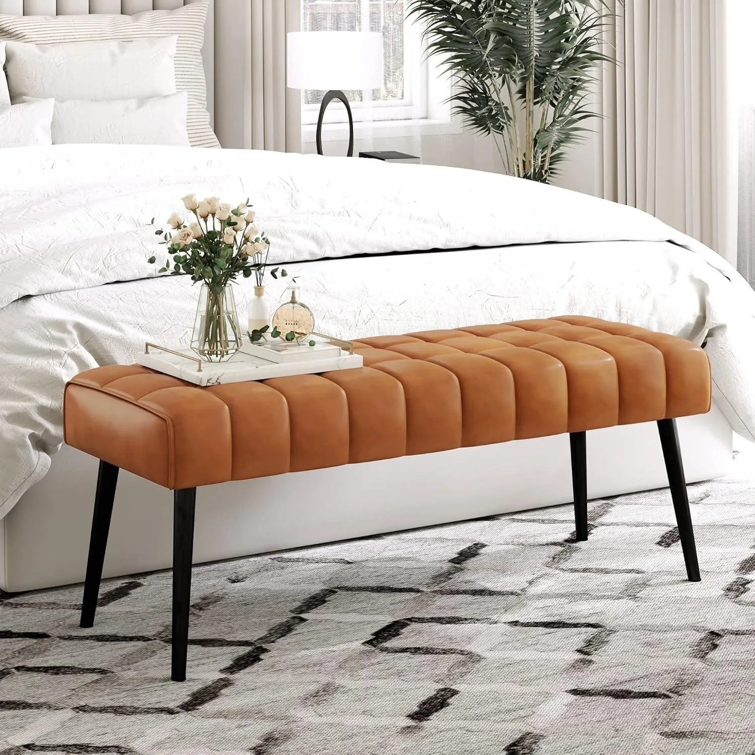 44.5” End of Bed Bench, Faux Leather Tufted Upholstered Bedroom/Modern Ottoman Bench with Metal Legs, 300LB