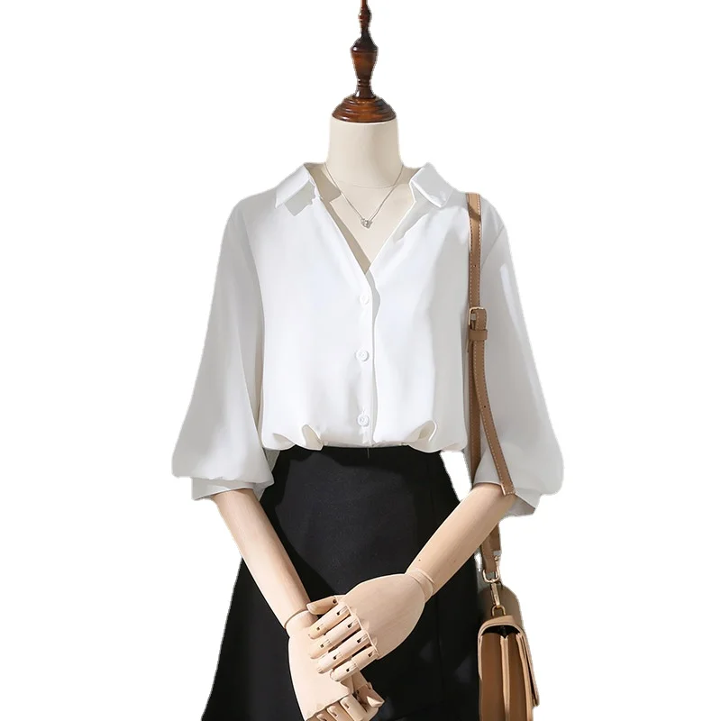 

Elegant Chiffon White Women Shirt Summer New 2022 Turn-Down Collar Half Sleeved Lantern Sleeved Elegant Office Lady Outwear Tops