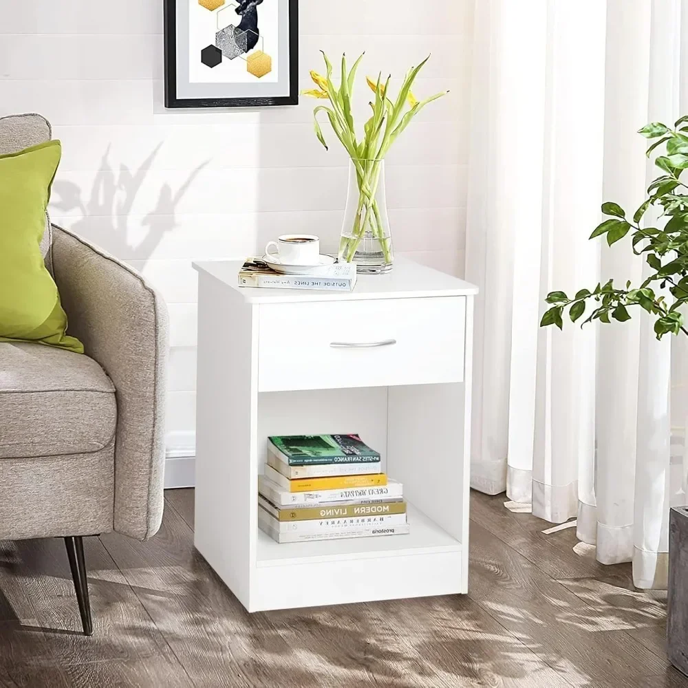 

White Nightstand with Drawer, Bedside Table End Tables Living Room, File Cabinet Storage with Sliding Drawers and Shelf forfice