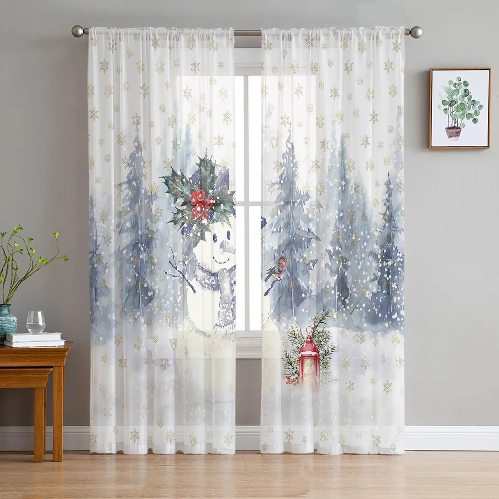 Christmas Snowflake Bird Snowman Sheer Curtains Christmas Home Decorations Window Tulle Curtains for Living Room Bedroom