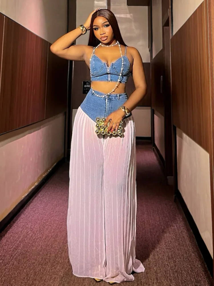 

Chic 2025 Women Denim Patchwork Outfit Elegant Wide Leg Pant Sleeveless Chiffon Vest Loose Trousers Suit Casual Street Lady Wear