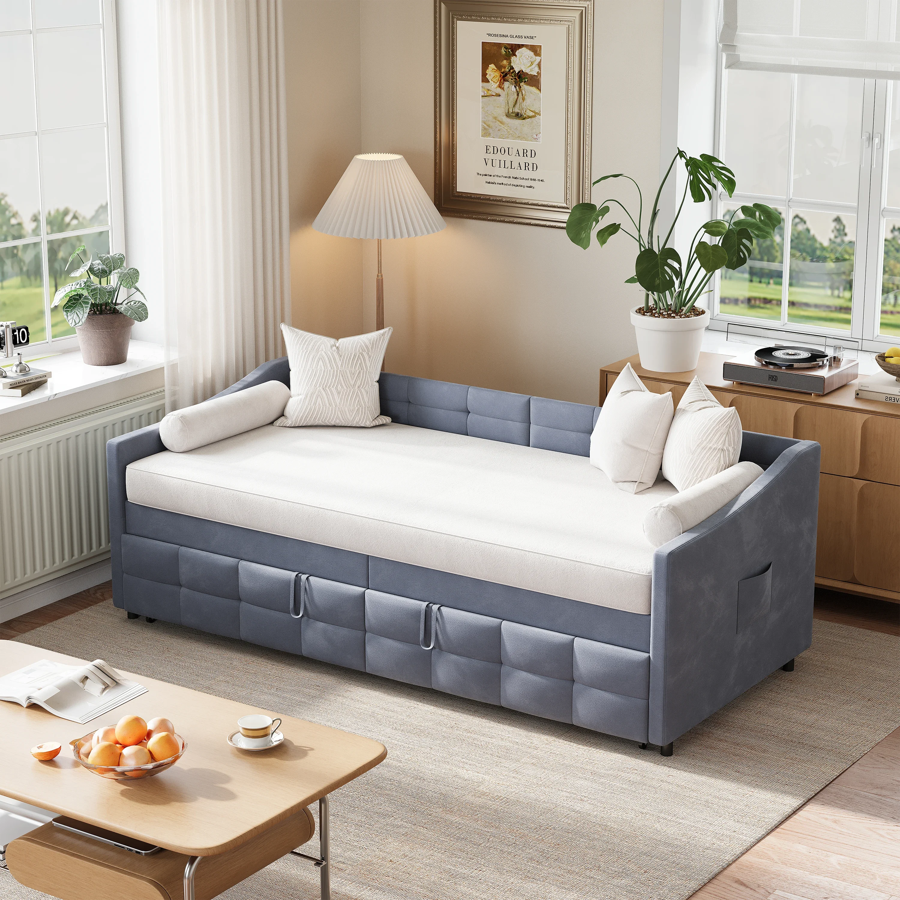 Letto imbottito Fangange 90/180x200 cm, divano letto estensibile con letto estraibile, divano letto convertibile da pavimento, letto singolo con struttura a doghe, mobili per la camera da letto, letto