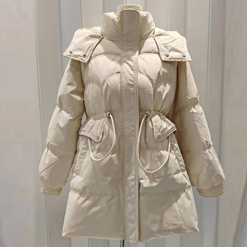 

Winter Hooded Thick Mid Length Down Jacket Female Waterproof Warm Parker Outwears Women White Duck Down Drawstring Down Jackets