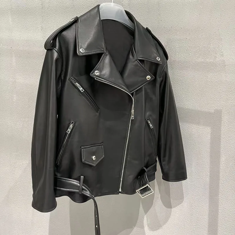 Genuine Leather Jacket With Belt Short Length Moto & Biker Coat Spring Women Drop-Shoulder Real Sheepskin Turn-Down Collar