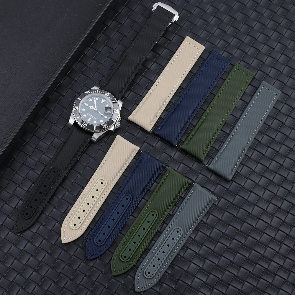 20mm 22mm Oxford Canvas Fabric Watch Band for Omega Seiko Beige Gray Green Black Blue Waterproof Cowhide Strap Folding Buckle