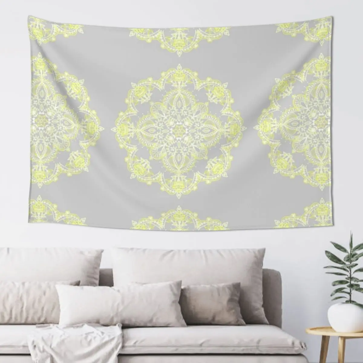 Pale Lemon Yellow Lace Mandala on Grey Tapestry Room Decor For Girls Aesthetic Room Decoration Tapestry