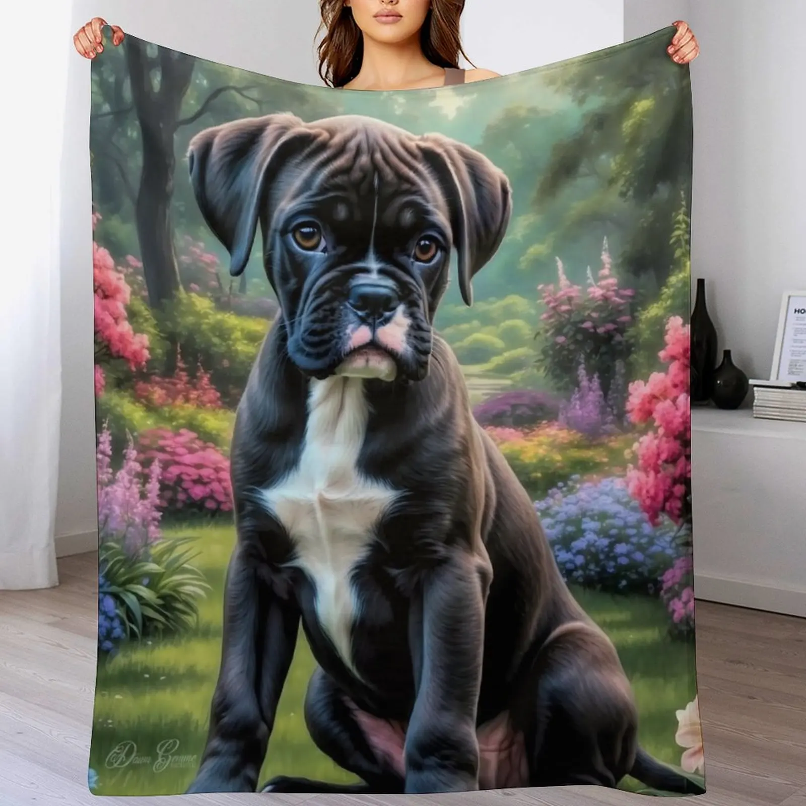 

Gilles Black Boxer Puppy Portrait Painting Throw Blanket Stylish Couch Blanket for Home Living Room