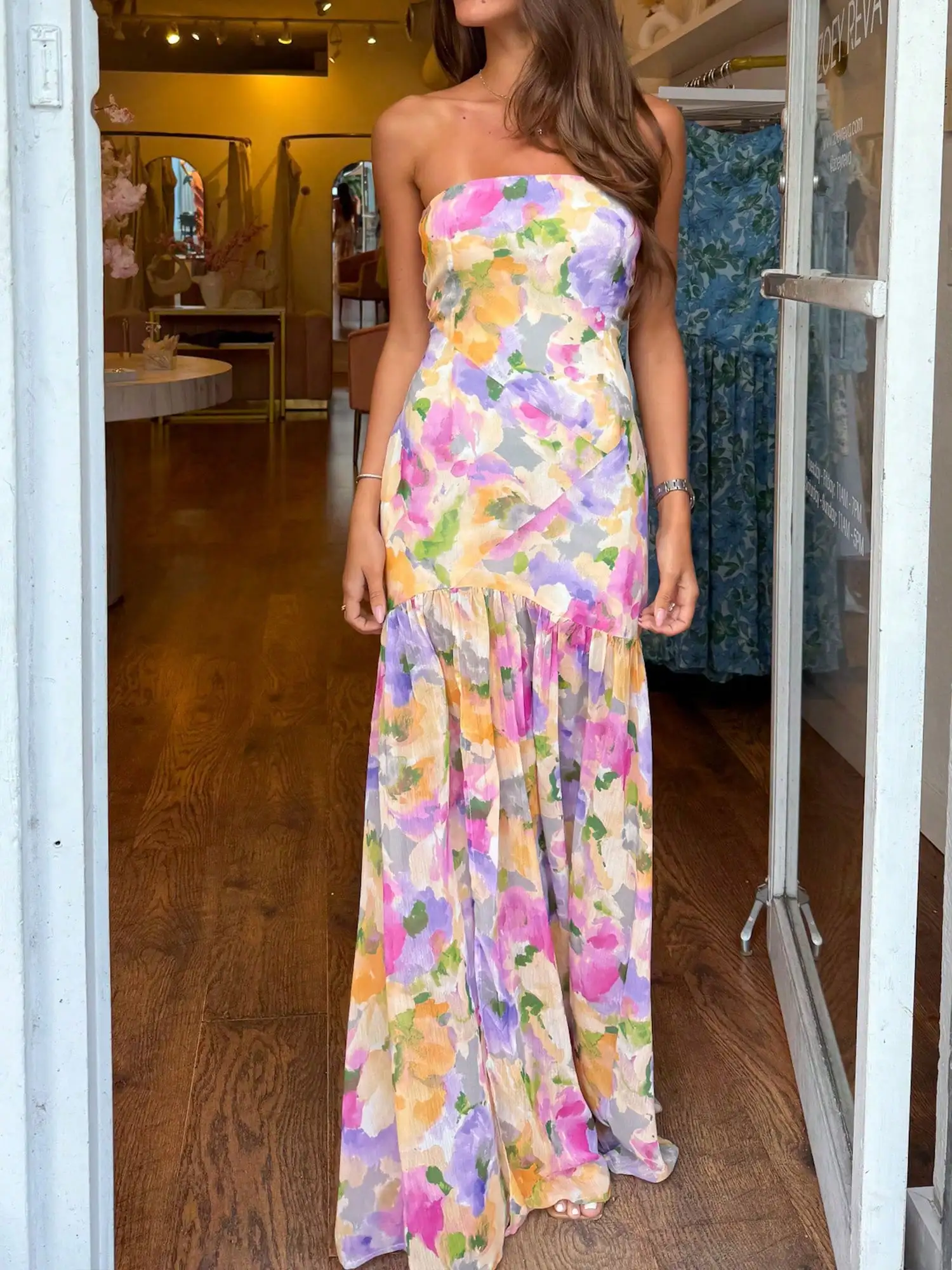 

Женское цветочное платье макси без бретелек, сексуальное облегающее платье с открытой спиной, летняя пляжная одежда