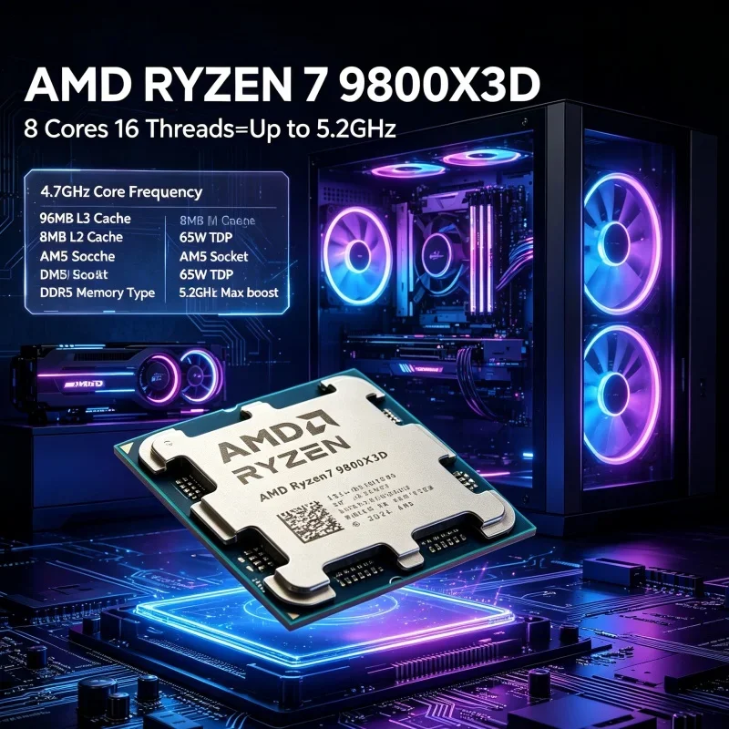 AMD Ryzen 7 9800X3D PCIe 5.0 Gaming CPU 8 Core 16 Thread 96MB L3 Cache 5.2GHz Boost AM5 Socket DDR5 4nm Desktop Processor