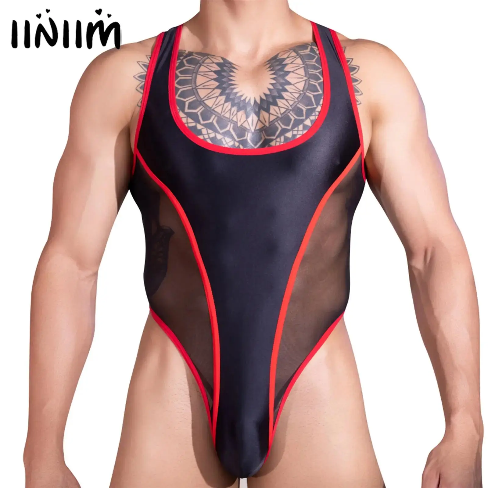 

Мужской борцовский комбинезон-боди из прозрачной сетки, костюм-белье, цельный комбинезон с кнопками на промежности, леотард, для клуба, спортзала, фитнеса