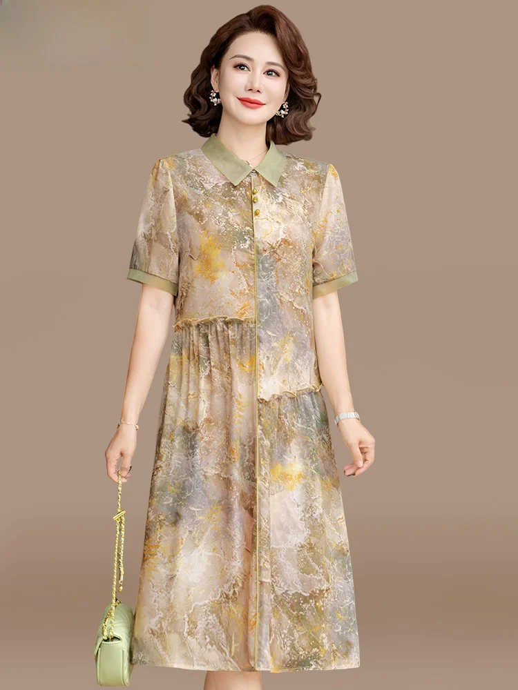

Модное летнее платье для пожилых женщин, миди-длина, шифоновая юбка, короткий рукав, полиэстер, свободный крой, корейский стиль