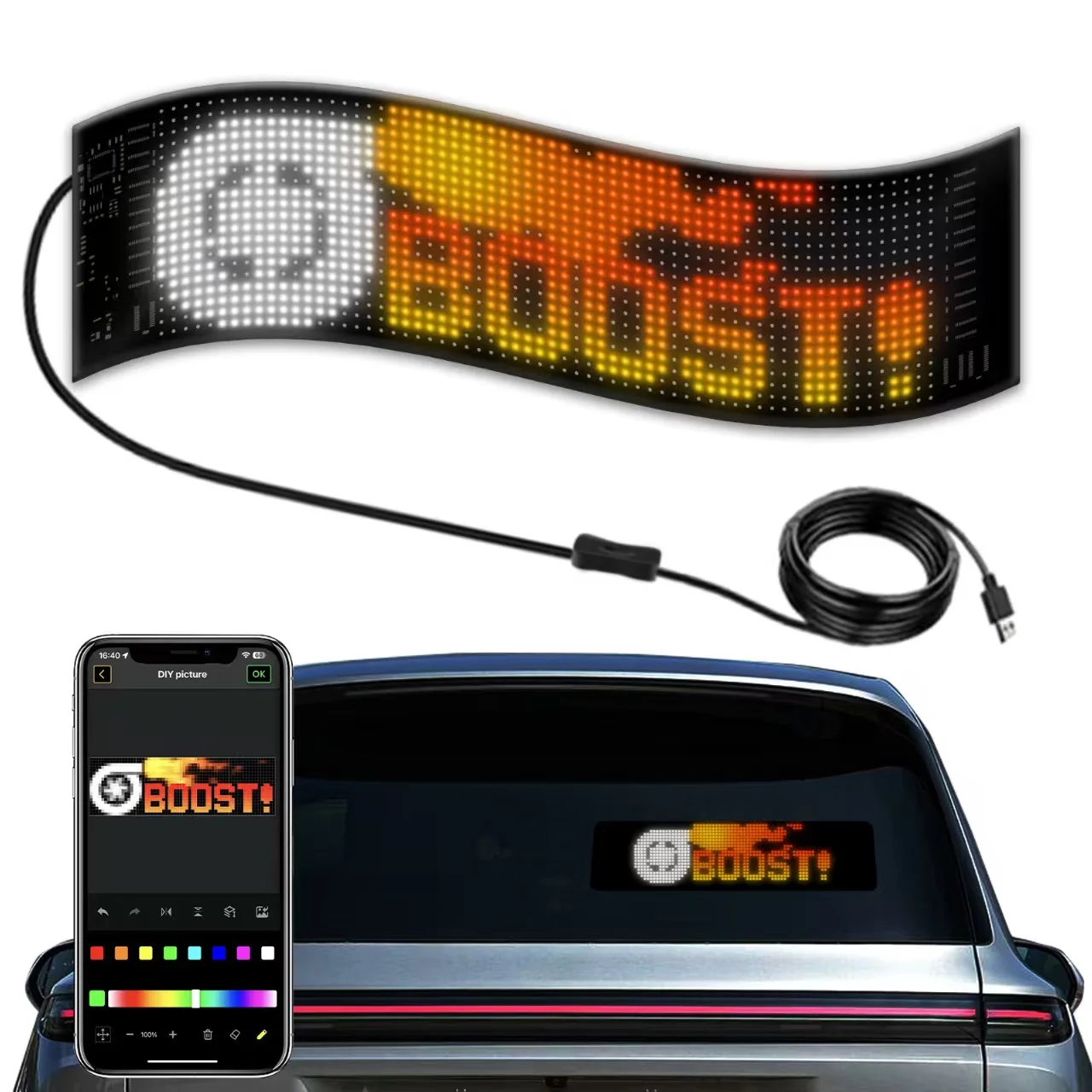 LED flexible display APP Bluetooth car advertising screen Full color smart car sticker ip65 waterproof soft screen display