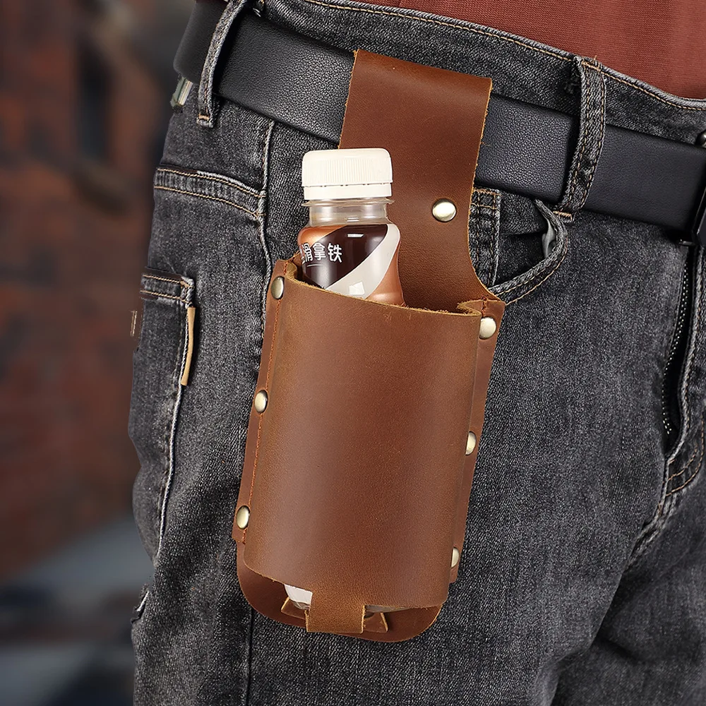Top-grain cowhide outdoor camping and mountain climbing portable waist-hanging beer bottle cup sleeve waist-hanging bag