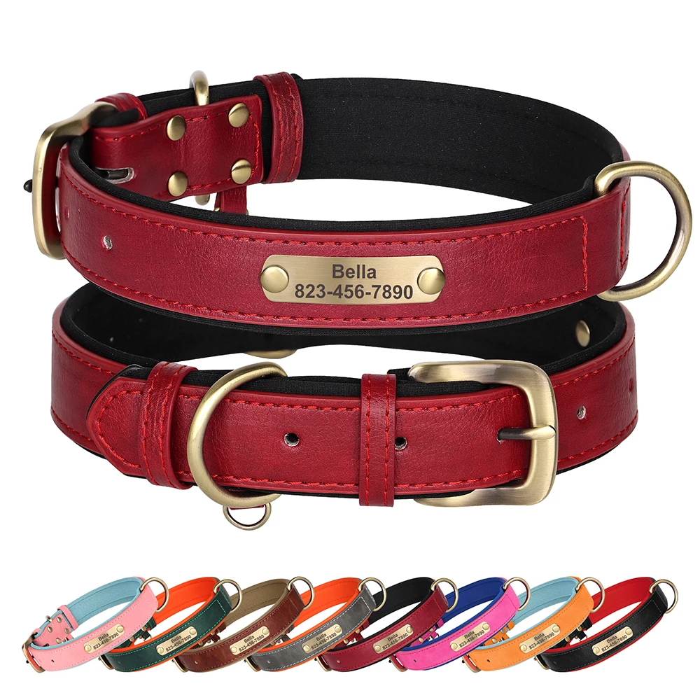 Coleira de cachorro personalizada gratuita, coleira acolchoada macia para cães, colar de couro pu personalizado para animais de estimação, ajustável para cães pequenos, médios e grandes, pug