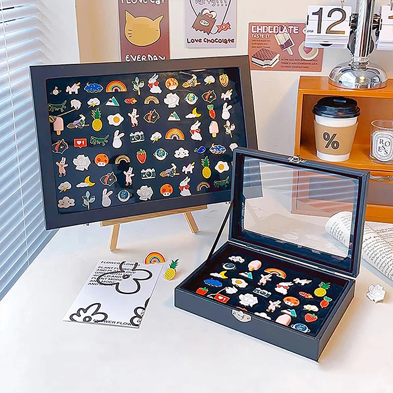 

Bar Badge Storage Box Transparent Dust-proof Chest Pin Box Medal Display Stand Pu Leather Jewelry Medal Collection Display Frame