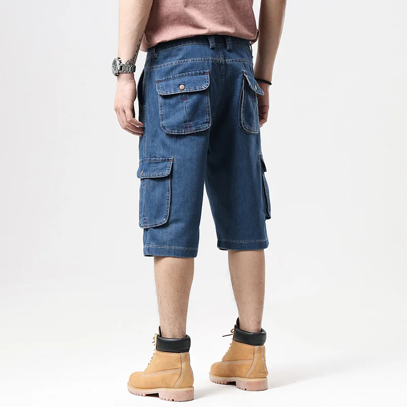 

Summer Mens Cargo Jeans Shorts Big Pocket Loose Plus Size Denim Hip-Hop Skateboard Jean For Men