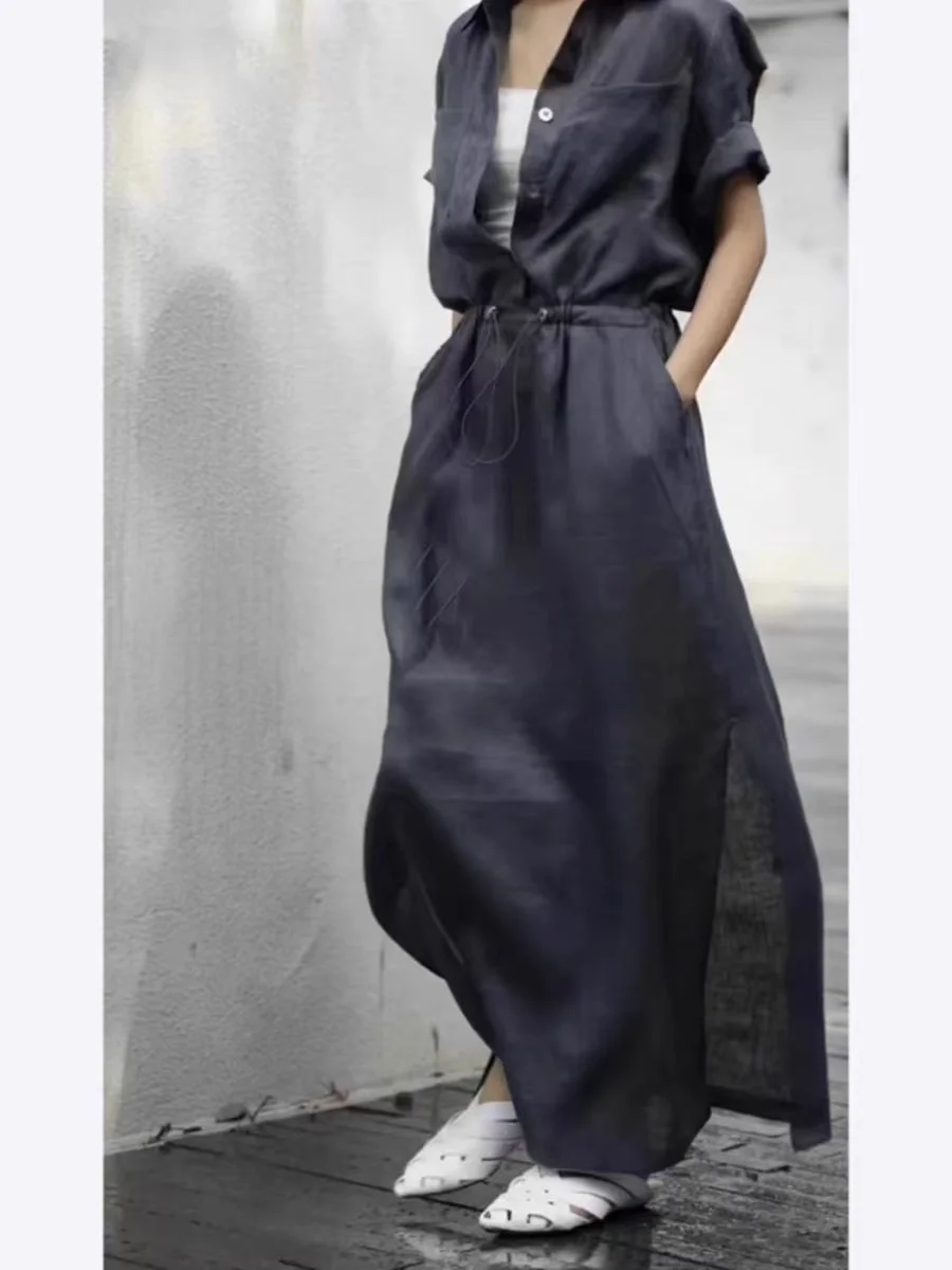 Casual Cotton Linen Long Shirt Dress Overhead Fashion Split Drawstring Women's Summer Autumn Spring Seasonal Straight Cut Dress