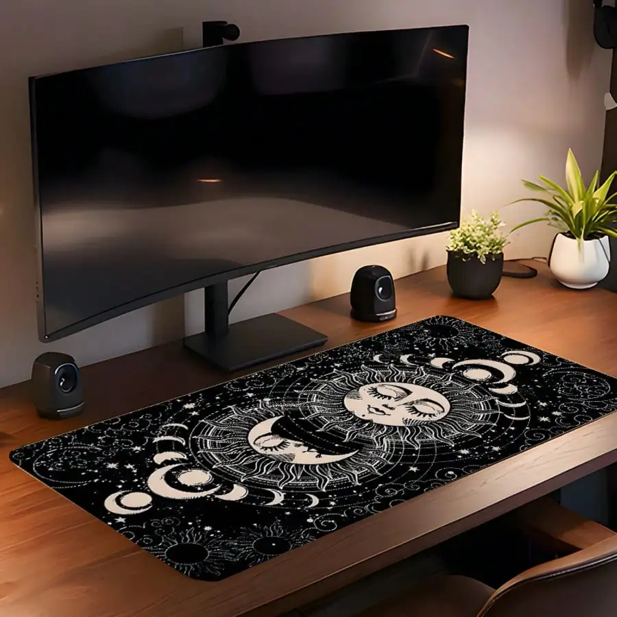 1pc Sun Moon Star Astrology Gaming Extra Large Mouse Pad, Vintage Mysterious Star Orbit Style Large Desk Mat - Quiet Atmosphere Extended Oversized Black & White